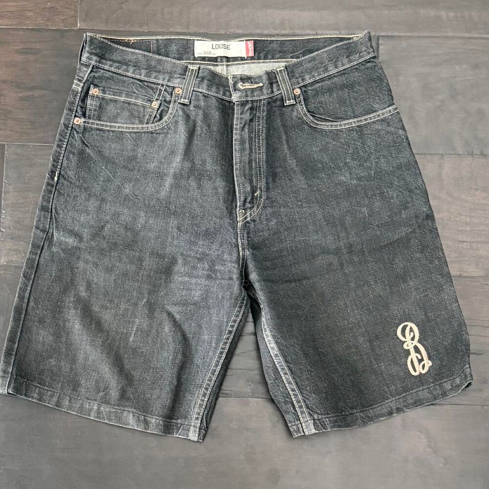 Custom Levi 569 Black Jorts with Leg Embroidery